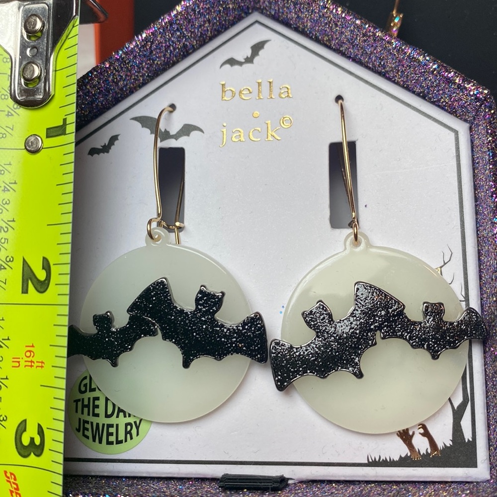 Bella Jack Bat Earrings Halloween Flying Moon Glow in the Dark 2.3” Chandelier - Picture 3 of 8